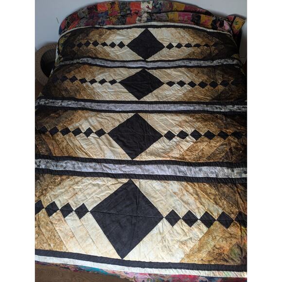 VTG FRENCH BRAID QUILT 1980s-90s Earthtone Ombre Batik Patchwork 67x70" - Picture 1 of 12